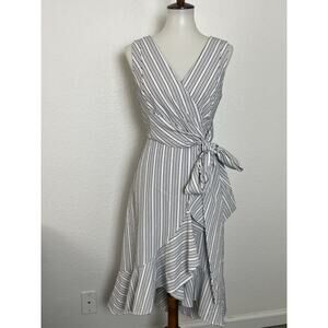 Calvin Klein Dress Midi Belted Striped Ruffled V Neck Seersucker